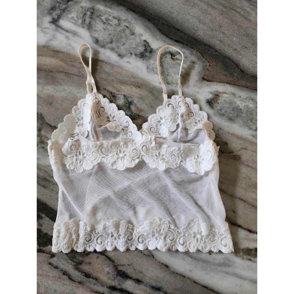 Y2K White Sheer Floral Lace Mesh Cami Top Spaghetti Strap Scalloped Trim Size M